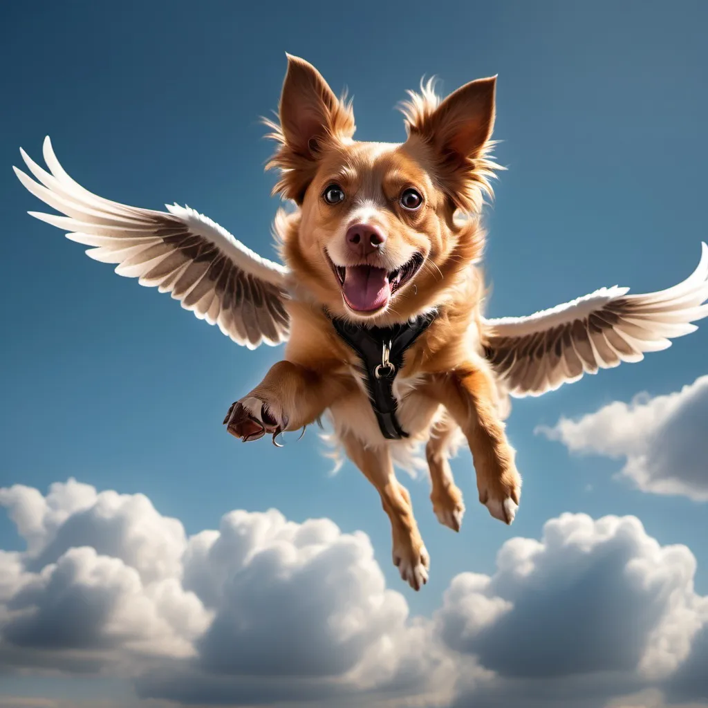 Prompt: A flying dog in the sky with wings