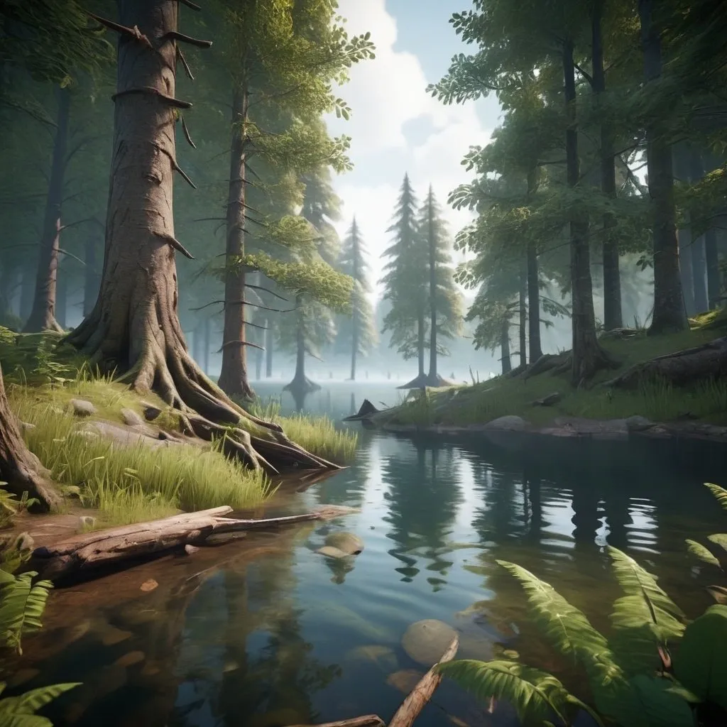 Prompt: a mysterious forest next to a lake, high quality, unreal engine