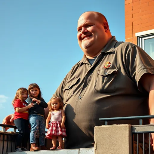 Prompt: The towering giant italian 22ft 52-year-old fire chief is grandfatherly and Irish, overweight and balding, with a friendly demeanor. His old, dirty polo shirt suggests a long day on the job, and perhaps a lack of concern for appearances, focusing instead on the more important tasks at hand.  The mood that is conveyed is one of gentleness and camaraderie, It captures the intriguing contrast between the towering giant and the tiny family he poses with them while they stand on a balcony to reach his ginormous warmly smiling face

