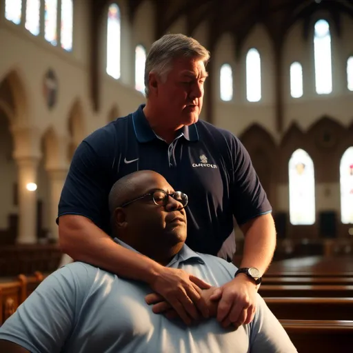 Prompt: <mymodel>Best quality, HD movie still of an overweight 52-year-old Bill Laimbeer in a snug polo shirt, embracing his young Black pastor in an American church, cinematic lighting, emotional moment, realistic details, dramatic, professional, diverse representation, heartfelt