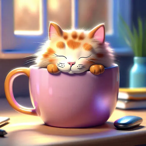 Prompt: Sleeping cat in a mug cup, cozy and warm atmosphere, high-quality digital art, cute and cuddly, realistic painting, pastel colors, soft lighting, detailed fur, adorable, peaceful scene, cozy, highres, ultra-detailed, realistic, pastel colors, soft lighting, detailed fur, cute, cozy atmosphere