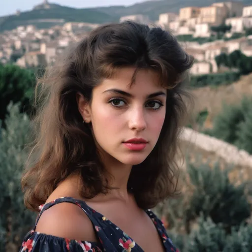 Prompt: very beautiful 80's girl with dark tones in Sicily