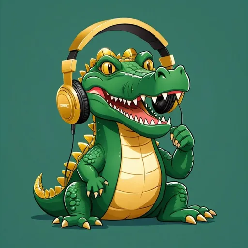 Prompt: A cartoon crocodile wearing golden gaming headphones 