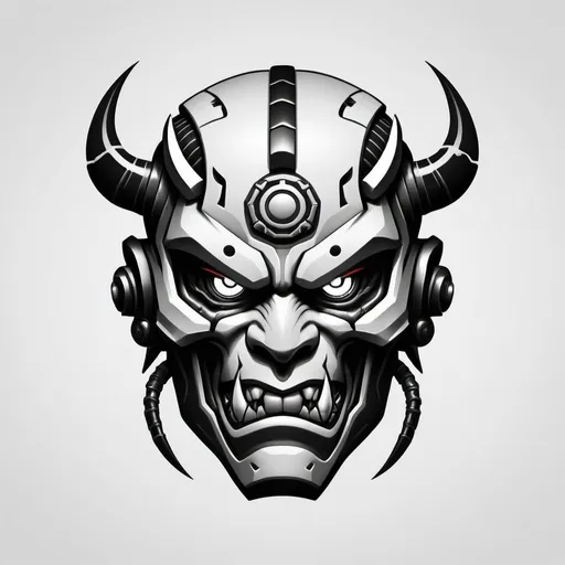 Prompt: cyborg oni face logo in black and white