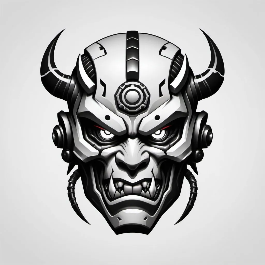 Prompt: cyborg oni face logo in black and white