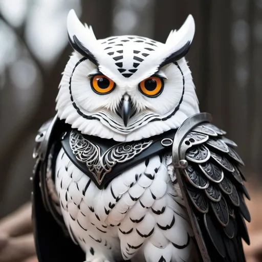 Prompt: white evil looking owl with dark black armor