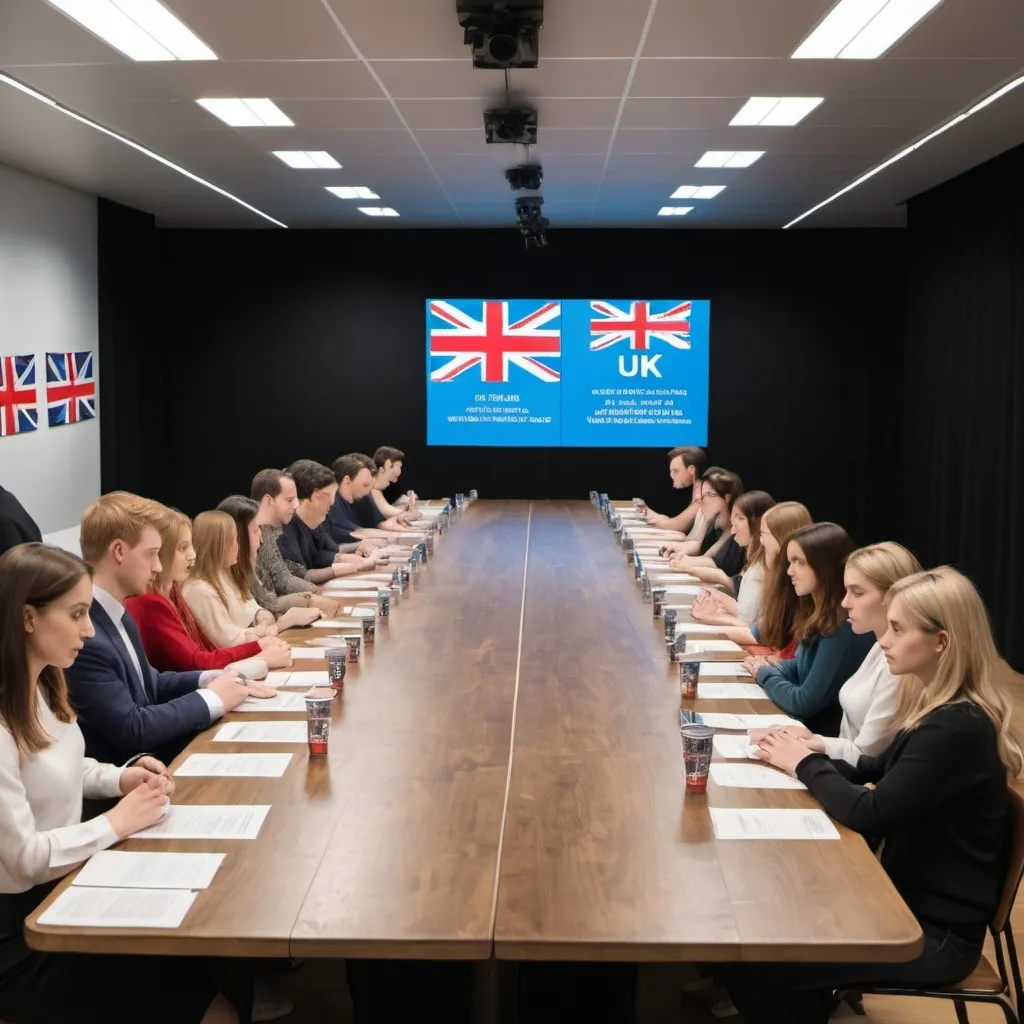 Prompt: A long table with a film script reading also include uk can and usa flags add young women and other men as well as a video screen wall 