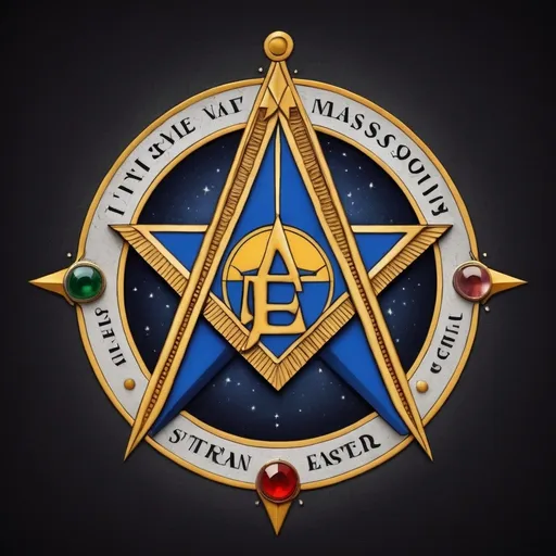 Prompt: Use the traditional Masonic Square and Compasses as the central symbol and  Integrate the Eastern Star symbol, which includes a five-pointed star with various colors representing different virtues, into the design. You could place it at the top or alongside the Square and Compasses to show the connection between Freemasonry and the Eastern Star.
e, ADD THE FOLLOWING TEXT TO THE INNER CIRCLE Supreme Emet V'Emunah National Obedience of Freemasons and Eastern Stars