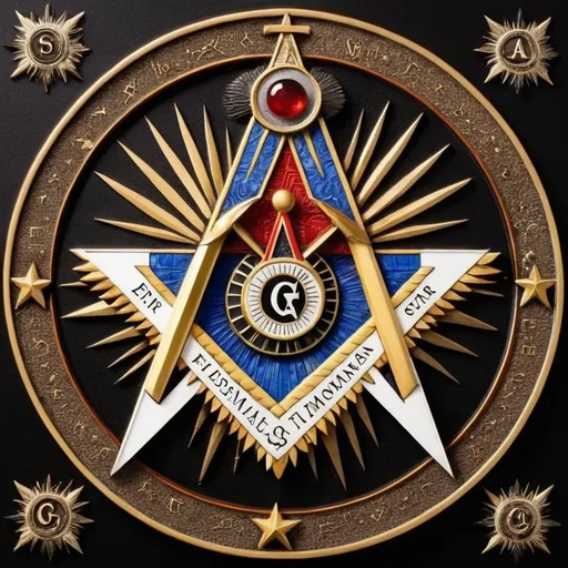 Prompt: Use the traditional Masonic Square and Compasses as the central symbol and  Integrate the Eastern Star symbol, which includes a five-pointed star with various colors representing different virtues, into the design. You could place it at the top or alongside the Square and Compasses to show the connection between Freemasonry and the Eastern Star.
e, ADD THE FOLLOWING TEXT TO THE INNER CIRCLE Supreme Emet V'Emunah National Obedience of Freemasons and Eastern Stars