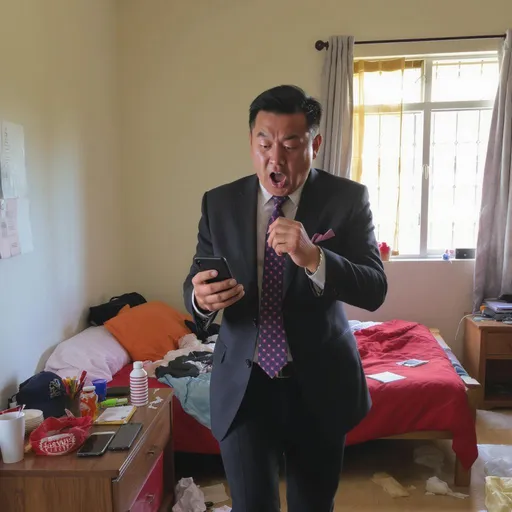 Prompt: "Create a short, comedic video (around 30-60 seconds) set in a slightly messy but otherwise ordinary-looking room in Cebu City, Philippines. The main character is a man in a slightly rumpled but clearly well-intentioned business suit. He's pacing nervously, repeatedly checking his phone with exaggerated gestures, and occasionally wringing his hands or adjusting his tie with a panicked expression.