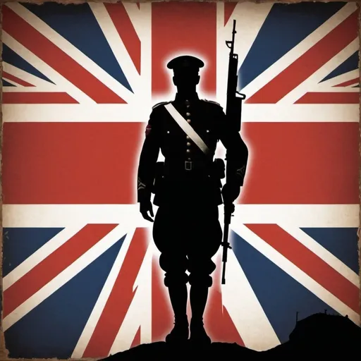 Prompt: union jack with silhouette of 1940 soldier