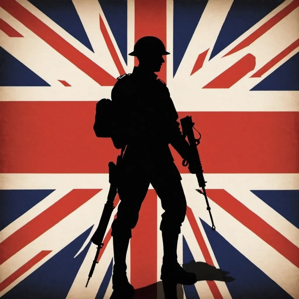 Prompt: union jack with silhouette of 1940 soldier