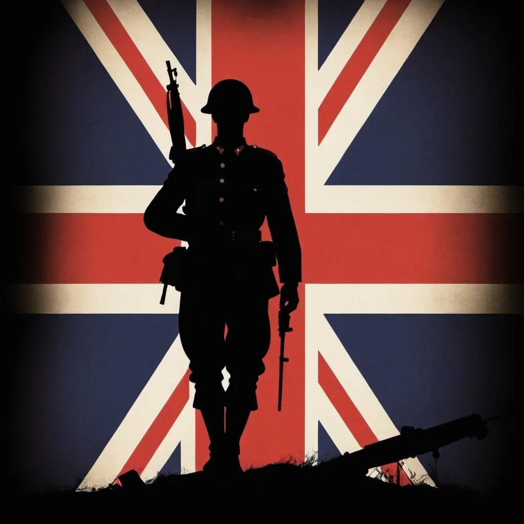 Prompt: union jack with silhouette of 1940 soldier