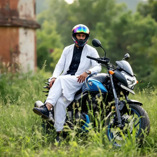 Prompt: Draped in a white traditional outfit contrasted with a stylish black vest, a man sits confidently on a sleek motorcycle nestled in a patch of tall, wild grass. His helmet, adorned with bold colors and a visor reflecting the surroundings, adds a sense of adventure to the scene, while his relaxed posture hints at a moment of contemplation or preparation for a ride. The environment around him is a mix of greenery and rustic, weathered concrete, suggesting a blend of nature and urban life, illuminated by soft, diffused light that indicates daylight. The motorcycle itself, with its striking blue accents, serves as the focal point amidst the earthy tones of the landscape, capturing a spirit of freedom and exploration in this tranquil yet rugged setting.