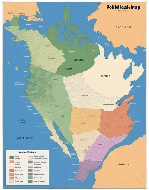 Prompt: A political map that includes 18 distinct regions with numbers on the region.  The map needs to also show geographical features such as mountains, snow, dessert, grassland, forests, islands, lakes and rivers with a side to key to show where these are. 