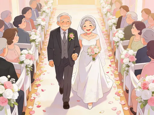 Prompt: A cartoon old couple walking down a wedding aisle