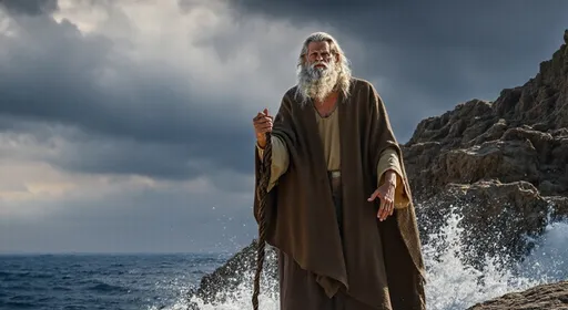 Prompt: An elderly male wizard @L5szxvrQWkKt90MWOUn1 stands majestically atop a rugged, high rock formation, surrounded by the vast, churning ocean below. His arms are outstretched wide, as if embracing the elements, with waves crashing against the base of the rock, sending sprays of salty mist into the air. The sky is a dramatic mix of dark storm clouds and rays of sunlight breaking through, creating a striking contrast. The wizard's robes billow in the ocean breeze, and his long beard flows with the wind, adding to the sense of movement. He appears animated, passionately speaking to the horizon, with the powerful sound of the waves amplifying his voice. The scene captures the raw energy of nature, with the ocean's deep blue and the rocky texture of the cliff enhancing the dramatic atmosphere.