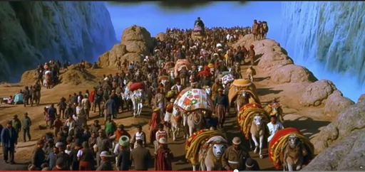 Prompt: A bustling throng of people and animals fills the scene, creating a vivid tapestry of movement and energy as they navigate a rocky path flanked by towering cliffs that seem to rise dramatically into the backdrop. Clad in diverse garments, individuals carry various loads on their backs and heads, while some lead pack animals adorned with richly colored fabrics and baskets. The environment conveys a sense of urgency and pilgrimage, with a bright sky contrasting against darker, ominous clouds looming overhead, suggesting an impending challenge. The composition emphasizes depth, drawing the viewer's eye along the winding route that meanders through the crowd, while the warmth of the colors reflects a moment steeped in historical and emotional weight. This captivating tableau evokes themes of journey and resilience amidst a tumultuous landscape.