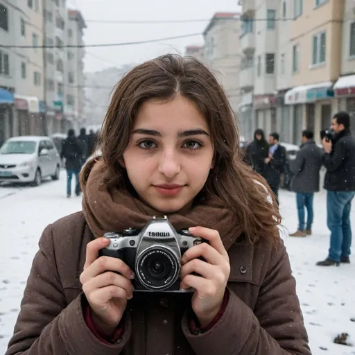 Prompt: A young Turkish woman, 18 years old, with an oval face and light brown hair, standing in snowy weather in Istanbul. She is holding a camera up as if she's about to take a picture.