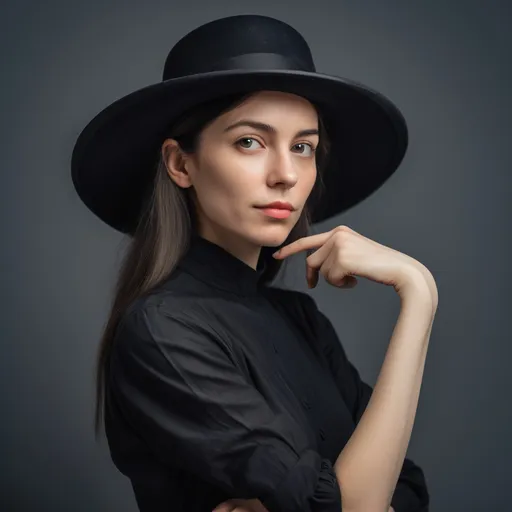 Prompt: a woman in a black hat posing for a picture with her hand on her hip and her hand on her shoulder, Eszter Mattioni, figurativism, profile picture, a character portrait