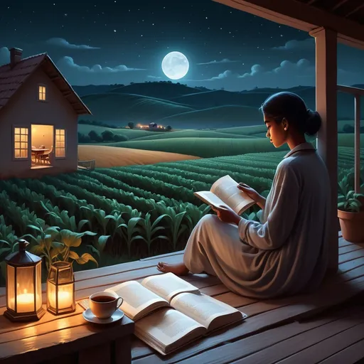 Prompt: a person sitting on a porch at night reading a book and drinking tea or coffee with a view of a field of crops, Fathi Hassan, art photography, nighttime, a storybook illustration