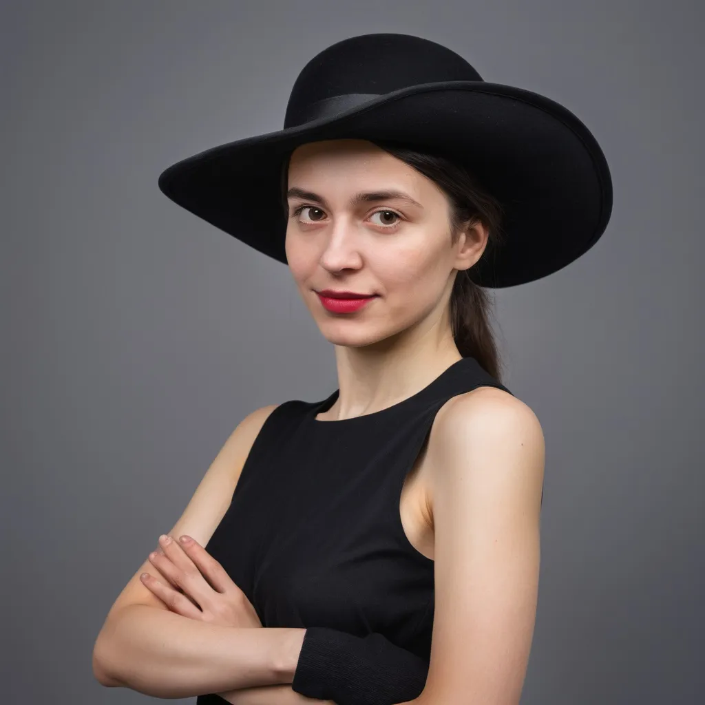 Prompt: a woman in a black hat posing for a picture with her hand on her hip and her hand on her shoulder, Eszter Mattioni, figurativism, profile picture, a character portrait