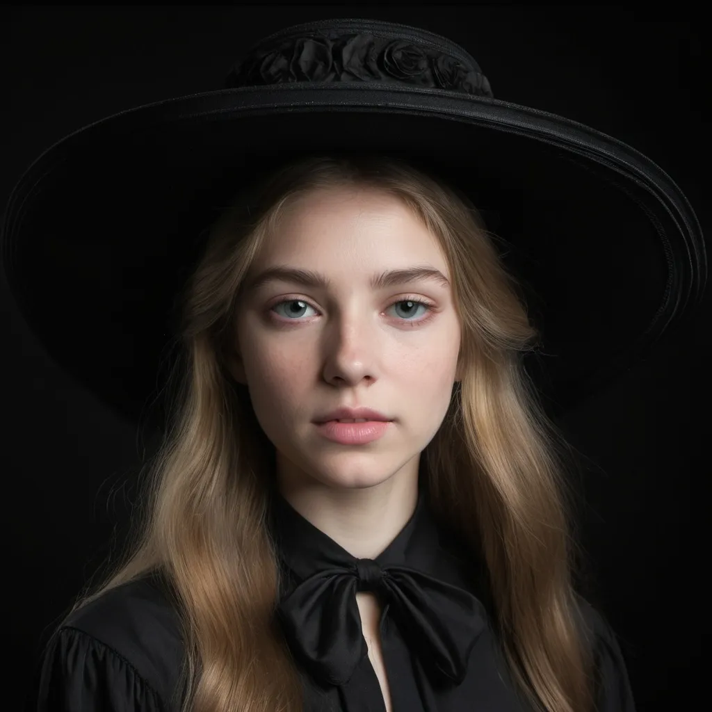 Prompt: a woman with long hair wearing a black hat and black shirt with a black background and a black background, Arabella Rankin, american barbizon school, fashion photography, a flemish Baroque