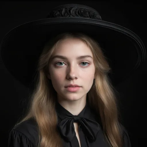 Prompt: a woman with long hair wearing a black hat and black shirt with a black background and a black background, Arabella Rankin, american barbizon school, fashion photography, a flemish Baroque