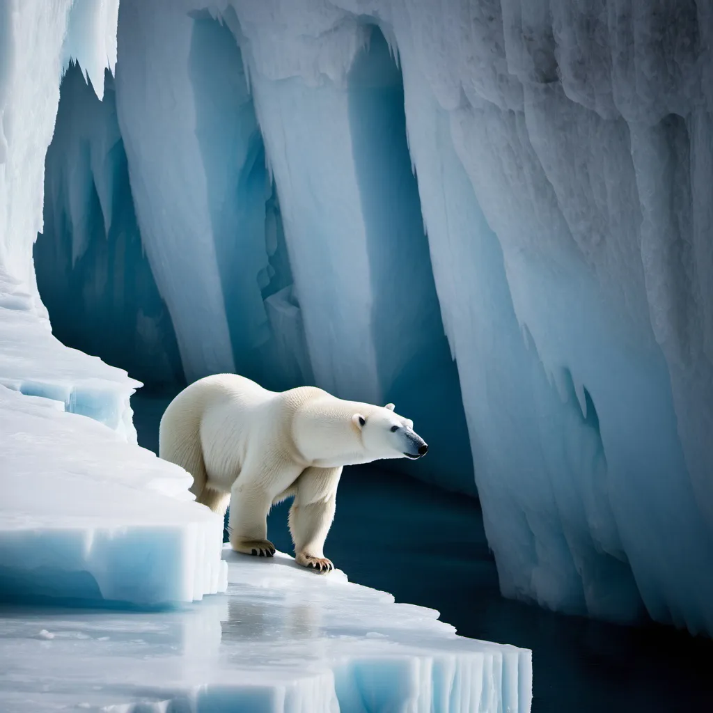 Prompt: a polar bear overlooking an in ice cliff