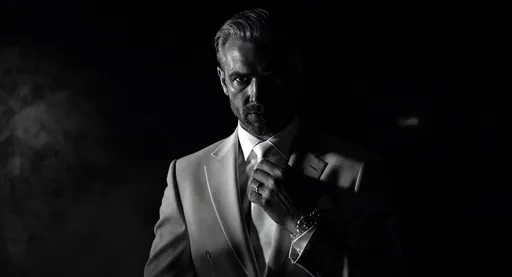 Prompt: create a cinematic black and white portrait of me adjusting my tie white wearing a classic tailored suit . i stand constantly in a studio with strong side lighting creating high contrast