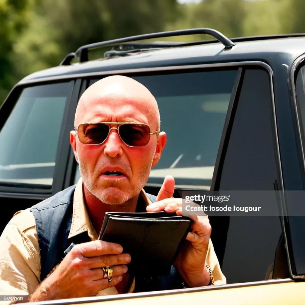 Prompt: draw a picture of a cool middle-aged man wearing a waistcoat and a cowboy hat. He has a goatee beard. he is holding out an empty wallet and looking sad, driving by are people in new cars looking and laughing at him. The first car has a middle-aged blonde lady driving a new car