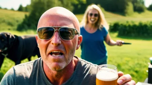 Prompt: A man doing a barbecue and drinking a beer surrounded by good friends and a black labrador dog. The man is smiling