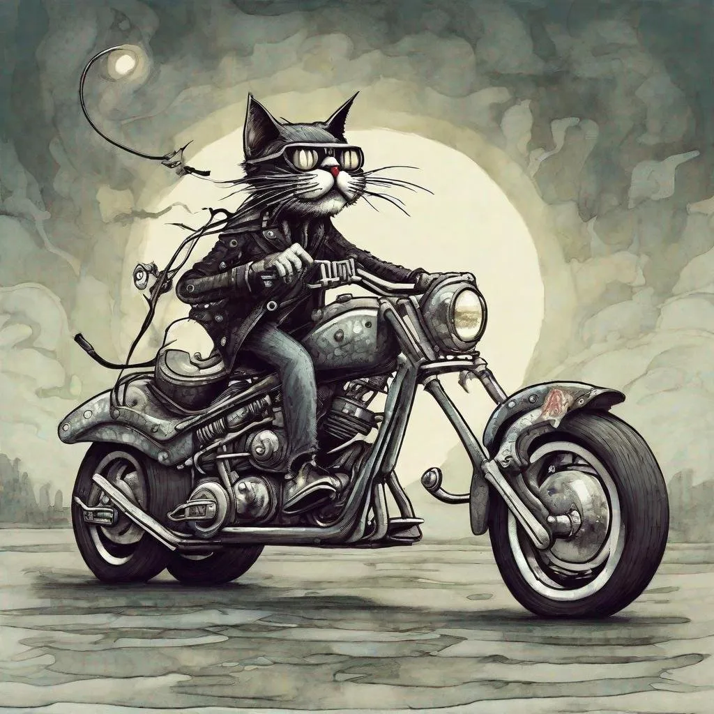 Prompt: cat riding chopper motorcycle Expressionism tim burton art style