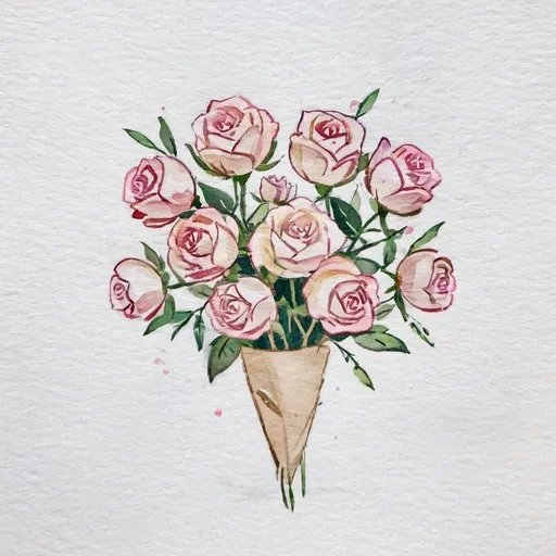 Prompt: Drawing of a bouquet of roses from the vertical side wrapped in paper, a more delicate drawing and fewer flowers