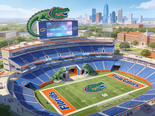 Prompt: Create a Florida Gator Football Stadium with a Gator logo on the 50-yard line and gator statues and a gator going around the top of the stadium and the biggest advanced jumbotron and blue seats for the stands and VIP boxes tunnels for the players to run out of and endzones that are orange with blue words that say "Florida Gators" with a college and skyscrapers outside of the stadium 