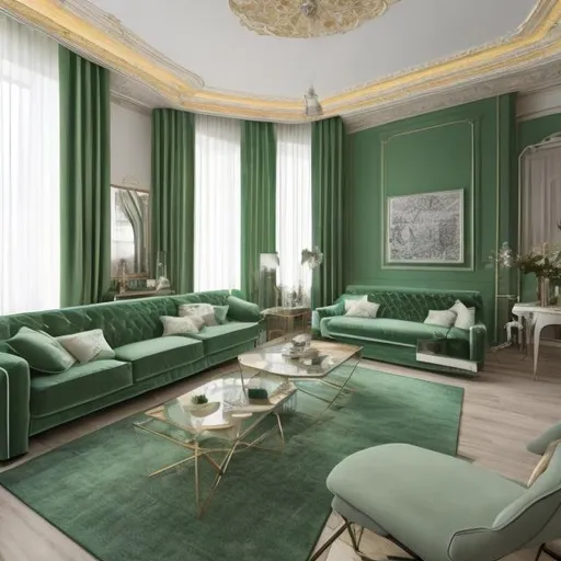 Prompt: panoramic apartment in classic style in green color