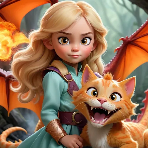 Prompt: Princess Hazel (a 5 years old child with brown eyes and blonde hair) and her fearless orange cat Misty Mae. A fire breathing dragon approaches and Misty Mae rears and hisses and the dragon cowers.
