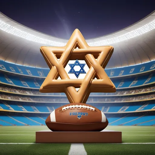 Prompt: Create an image that combines elements of both football and kosher traditions. The image should feature a football made out of a shiny, golden challah bread with subtle Hebrew motifs on it. Surround the football with football gear like helmets and jerseys in vibrant team colors. In the background, include elements like a stadium with a Star of David subtly integrated into the stadium's design. The overall feel should be fun and sporty with a nod to the kosher aspect.