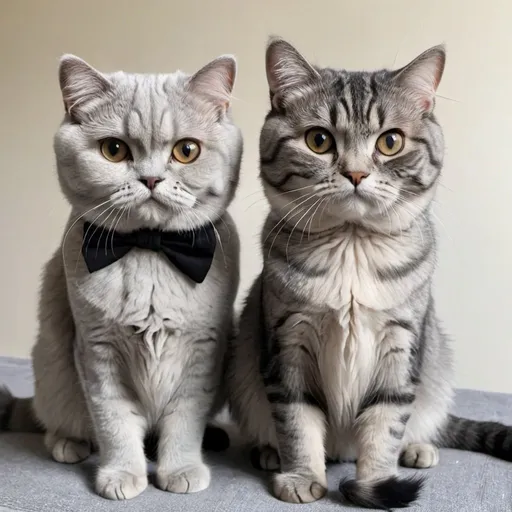 Prompt: light grey scottish fold long hair cat and short hair grey with black stripes scottich fold cat