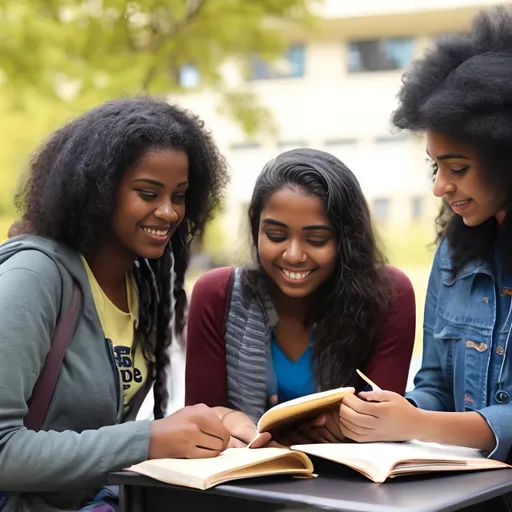 Prompt: Students reading books together at university