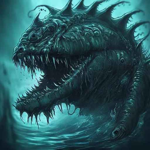 Prompt: dark horror, aquatic creature, sea monster,tenticals, ocean depth,talasiphobiia