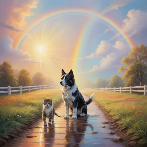 Prompt: Realistic oil painting of a dog and cat crossing the rainbow bridge, vibrant and ethereal color palette, soft and warm lighting, detailed fur and whiskers, heartwarming and emotional atmosphere, high quality, oil painting, realistic, vibrant colors, detailed fur, heartwarming, emotional, soft lighting, rainbow bridge, dog and cat, crossing