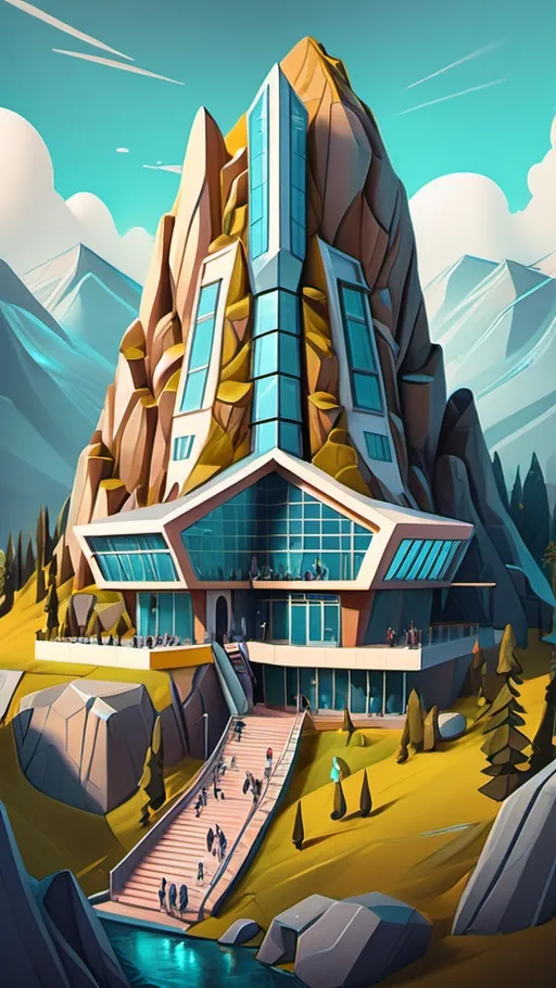 Prompt: Generate me a large modern a school named Curiosum Academy, with mystery design of many departments separately, hidden deep within the mountains, volumetric cartoon oil paint,2D illustration style, sharp focus, bright color, digital paint, trending on artstation, high details, simple lines, art by Viktoria Gavrilenko, Jos� Luis �greda and Camilla d'Errico