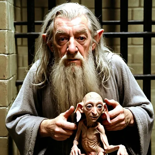 Prompt: Gandalf puts Dobby the house elf in prison because he has committed hate crimes.