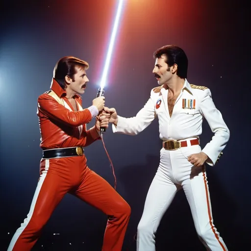 Prompt: Freddie Mercury fights David Bowie in heaven with lightsabers