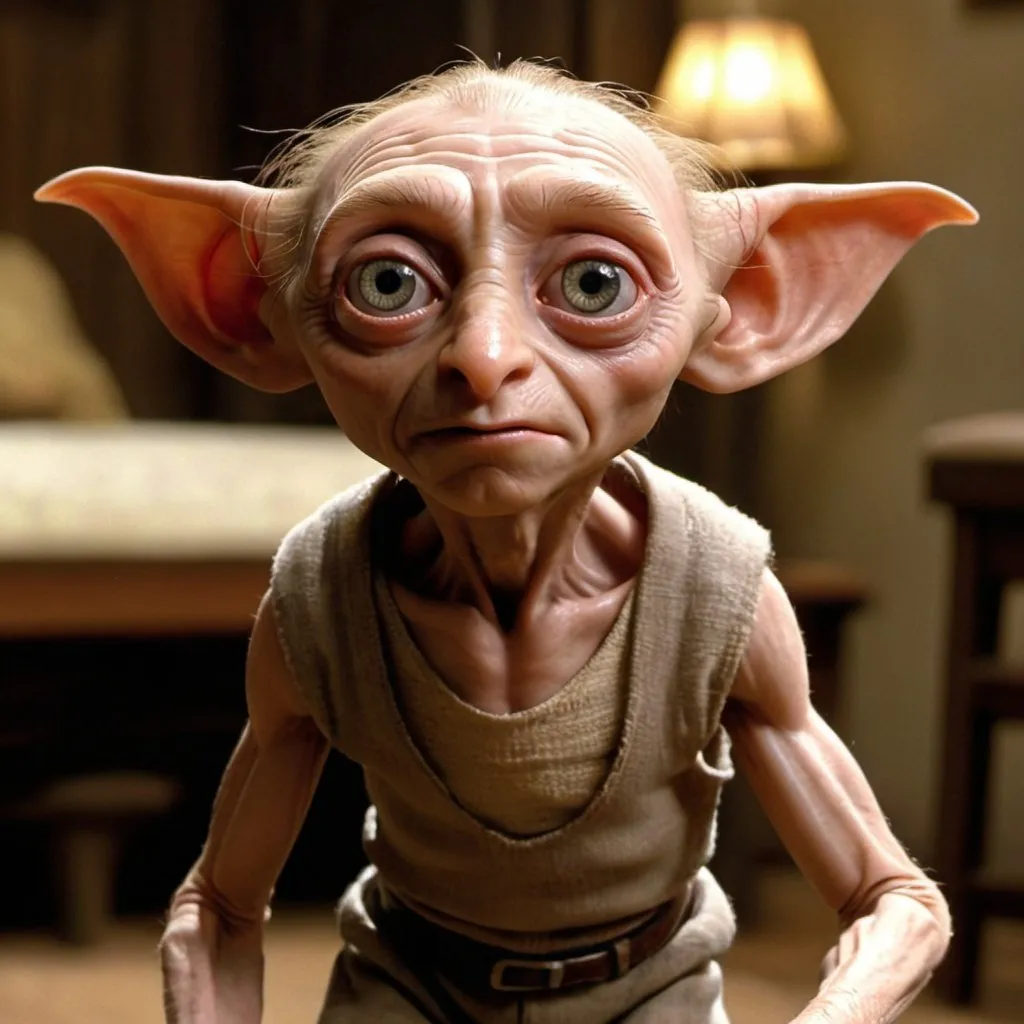 Prompt: Dobby the house elf is an arnold schwarzenegger action hero type