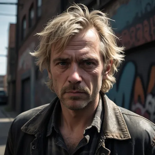 Prompt: Scruffy looking middle age man, grungy looking, blond, medium length hair, cigarette in mouth