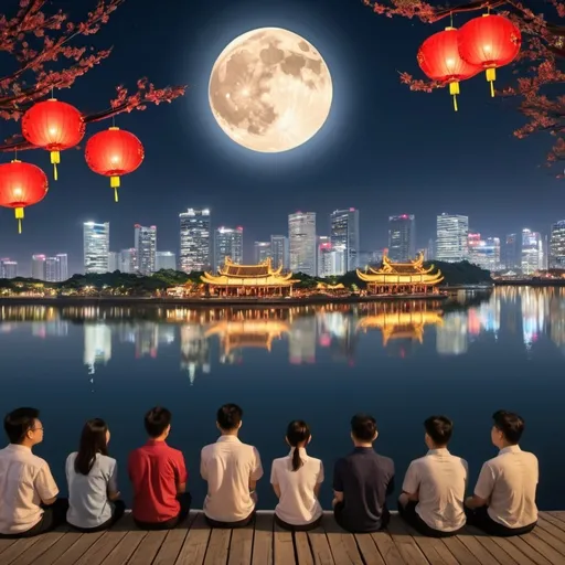 Prompt: At Mid-Autumn Festival, people is looking at waterfront night view , the full moon is beautiful 