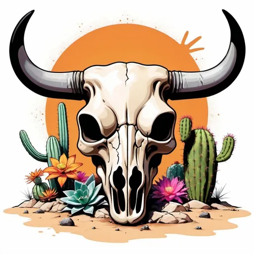 Prompt: cartoon Create a striking graffiti art piece featuring a detailed cow skull on the ground set in a desert environment. Surround the skull with tall, 
desert flower, vibrant cacti of various shapes and sizes. The design should have a bold and edgy urban feel, incorporating graffiti elements like spray paint textures, vibrant colors, and dynamic outlines. The background should remain predominantly white, allowing the colors and details of the cow skull and cacti to stand out prominently. Add subtle desert elements like sand and rocks to enhance the theme, while maintaining a cool and gritty graffiti style.