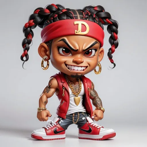 Prompt: A glossy hyperrealistic airbrush oil painting of a chibi anime caricature. The subject is a hip-hop honey skin tone Latina American man with black and red individual braids adorned with a white headband. He has a muscular build, tattoos, and piercings, wearing no shirt, red ripped jeans, and black Jordans. , all rendered in vibrant colors
and a chain with a large "D" pendant encrusted with diamonds. His high-top sneakers are covered in gold accents, and he wears a flashy gold diamond encrusted grill teeth. Daffy carries a boombox on his shoulder, diamond rings on his fingers